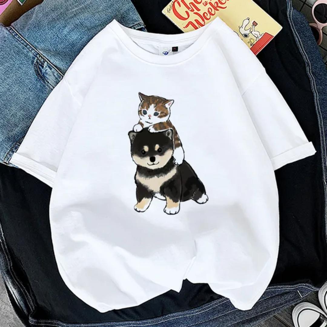 Sommer Kawaii Katze Frauen Druck Lustige Übergroße T-shirt Mädchen Tier Y2K Mode 3D Druck Tops T Gril Schwarz Weiß Kleidung S von Joom DACH