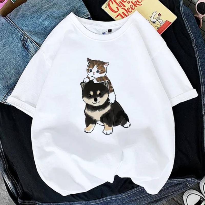 Sommer Kawaii Katze Frauen Druck Lustige Übergroße T-shirt Mädchen Tier Y2K Mode 3D Druck Tops T Gril Schwarz Weiß Kleidung S von Joom DACH