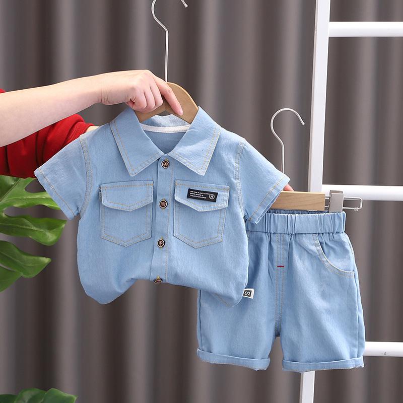 Sommer Kinder Kleidung Jungen Anzug Denim Tops + Jeans Hosen 2 Teile/satz Infant Casual Outfits 120 hellblaue von Joom DACH