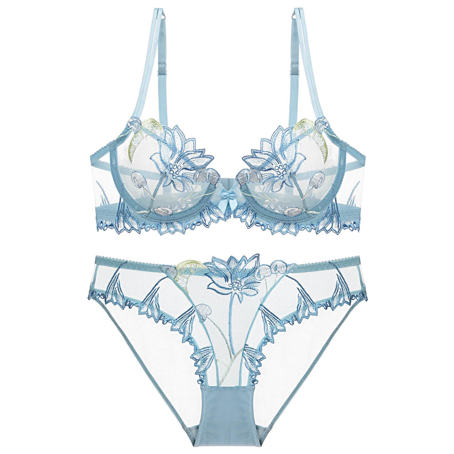 Sommer Kirsche Stickerei BH Große Größe Transparent Mesh Versuchung Unterwäsche Ultra-dünne Sexy Damen BH Set 75C schwarz von Joom DACH