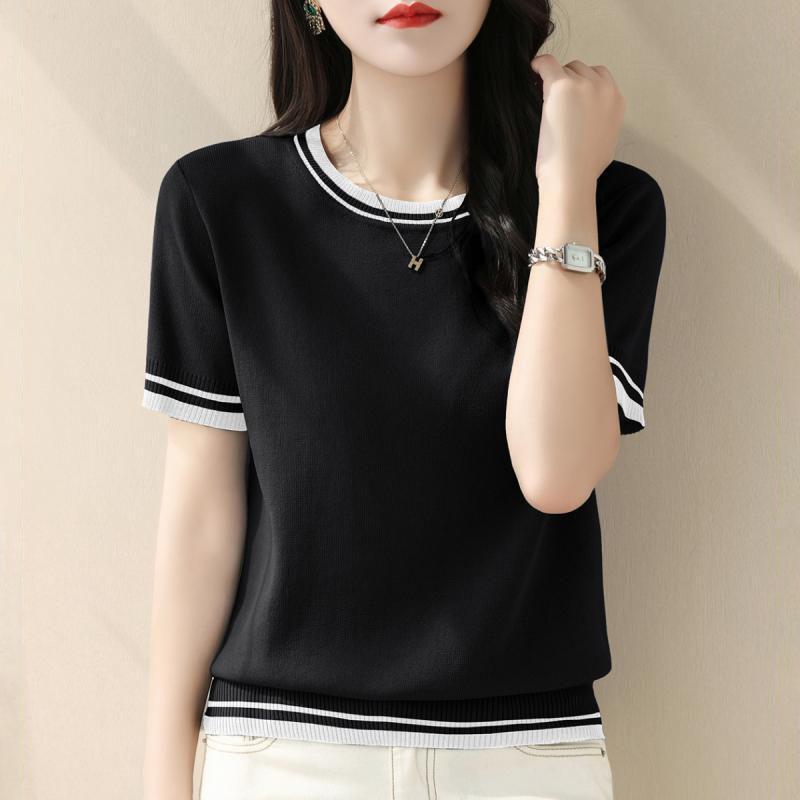 Sommer Kontrast Strick Tops Tees Kurzarm O-Ausschnitt Lose Einfarbig Elegante T-Shirts Vintage Mode Damen Kleidung XL schwarz Sommer Kontrast Strick Tops Tees Kurzarm O-Ausschnitt Lose Einfarbig Elegante T-Shirts Vintage Mode Damen Kleidung XL schwarz von Joom DACH
