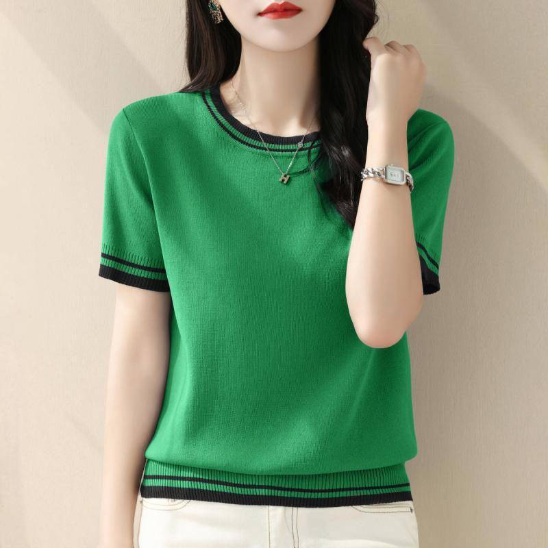Sommer Kontrast Strick Tops Tees Kurzarm O-Ausschnitt Lose Einfarbig Elegante T-Shirts Vintage Mode Damen Kleidung XL grün Sommer Kontrast Strick Tops Tees Kurzarm O-Ausschnitt Lose Einfarbig Elegante T-Shirts Vintage Mode Damen Kleidung XL grün von Joom DACH