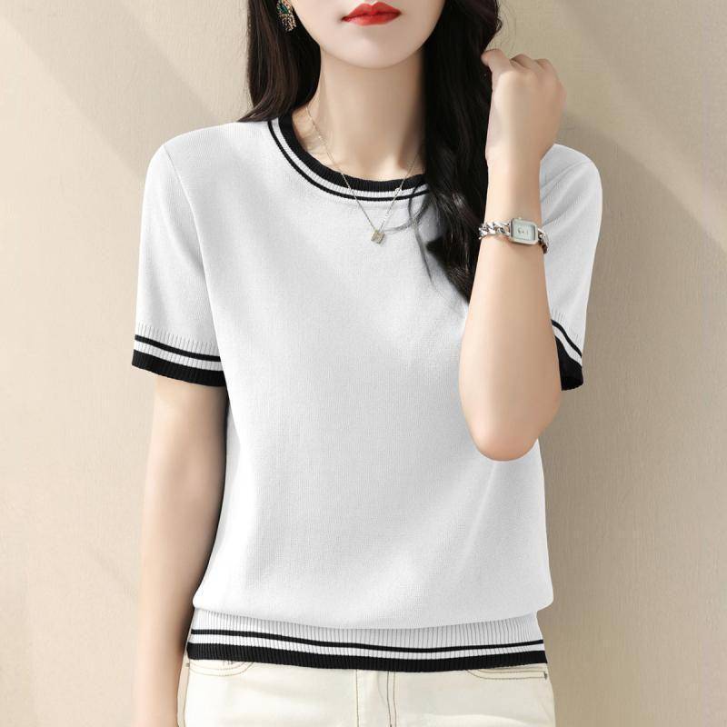 Sommer Kontrast Strick Tops Tees Kurzarm O-Ausschnitt Lose Einfarbig Elegante T-Shirts Vintage Mode Damen Kleidung XXL weiß Sommer Kontrast Strick Tops Tees Kurzarm O-Ausschnitt Lose Einfarbig Elegante T-Shirts Vintage Mode Damen Kleidung XXL weiß von Joom DACH