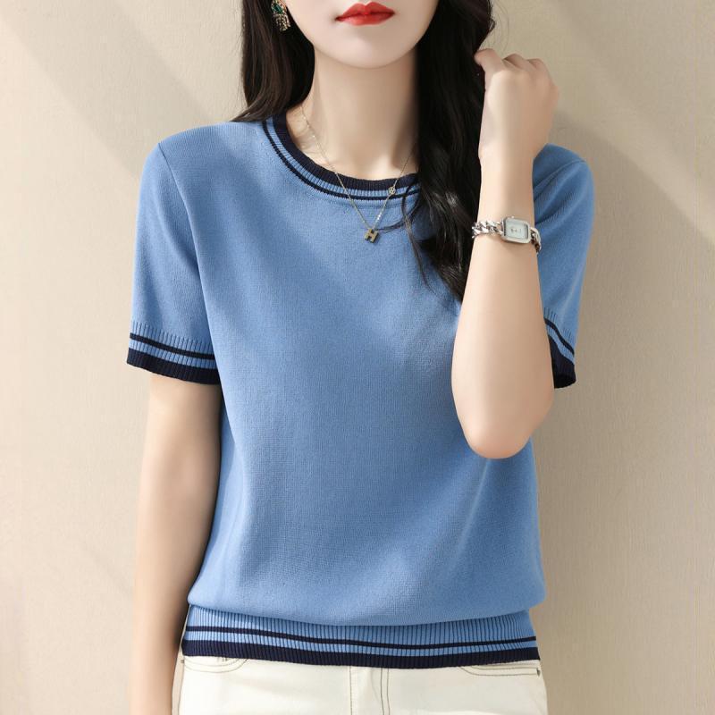 Sommer Kontrast Strick Tops Tees Kurzarm O-Ausschnitt Lose Einfarbig Elegante T-Shirts Vintage Mode Damen Kleidung XXXL blau Sommer Kontrast Strick Tops Tees Kurzarm O-Ausschnitt Lose Einfarbig Elegante T-Shirts Vintage Mode Damen Kleidung XXXL blau von Joom DACH