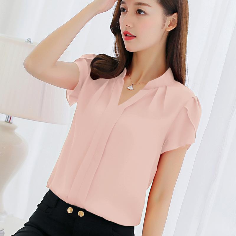 Sommer Koreanische Damen Stehkragen Slim Fit Einfarbig Unterhemd Rüschen Schlitz Kurzarm Bluse Damen Rot Rosa Weiß Blau Chiffon Blusen M von Joom DACH