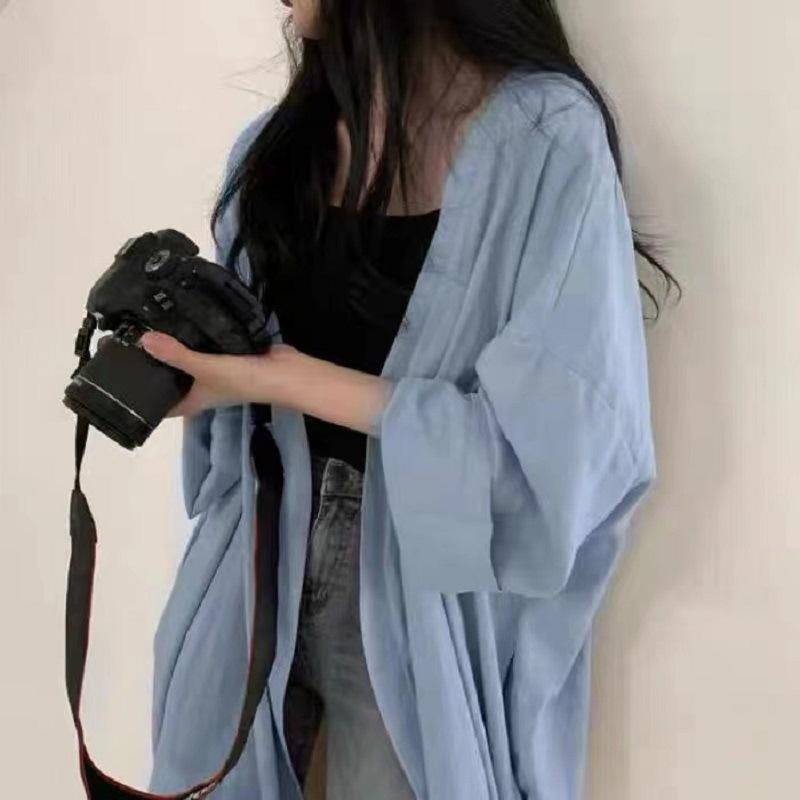 Sommer Koreanische Lose Langarm Strickjacke Jacke Damen Hemd Einfarbig Dünne Windjacke Sonnenschutz Jacke Damenbekleidung S blau von Joom DACH