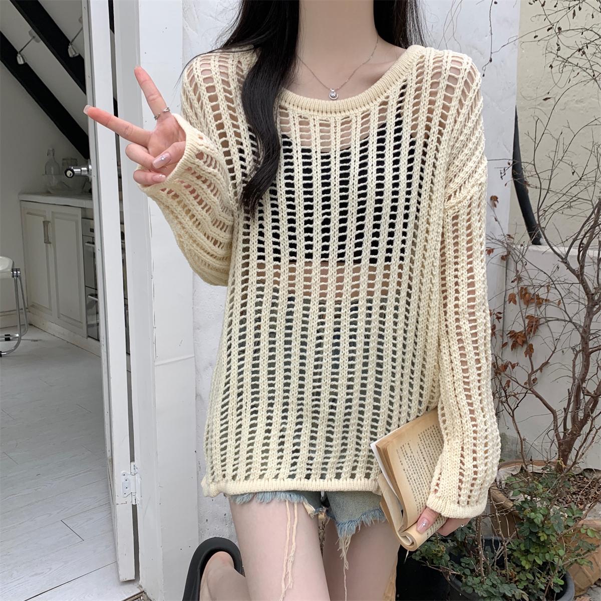 Sommer Koreanischer Stil Locker Hohl Design Sinn Mittellang Sonnenschutz Bluse Gestricktes Langarm Oberteil Damen onesize apricot von Joom DACH