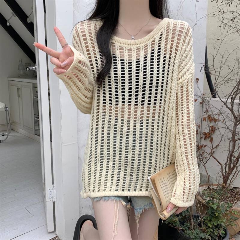 Sommer Koreanischer Stil Locker Hohl Design Sinn Mittellang Sonnenschutz Bluse Gestricktes Langarm Oberteil Damen onesize apricot von Joom DACH