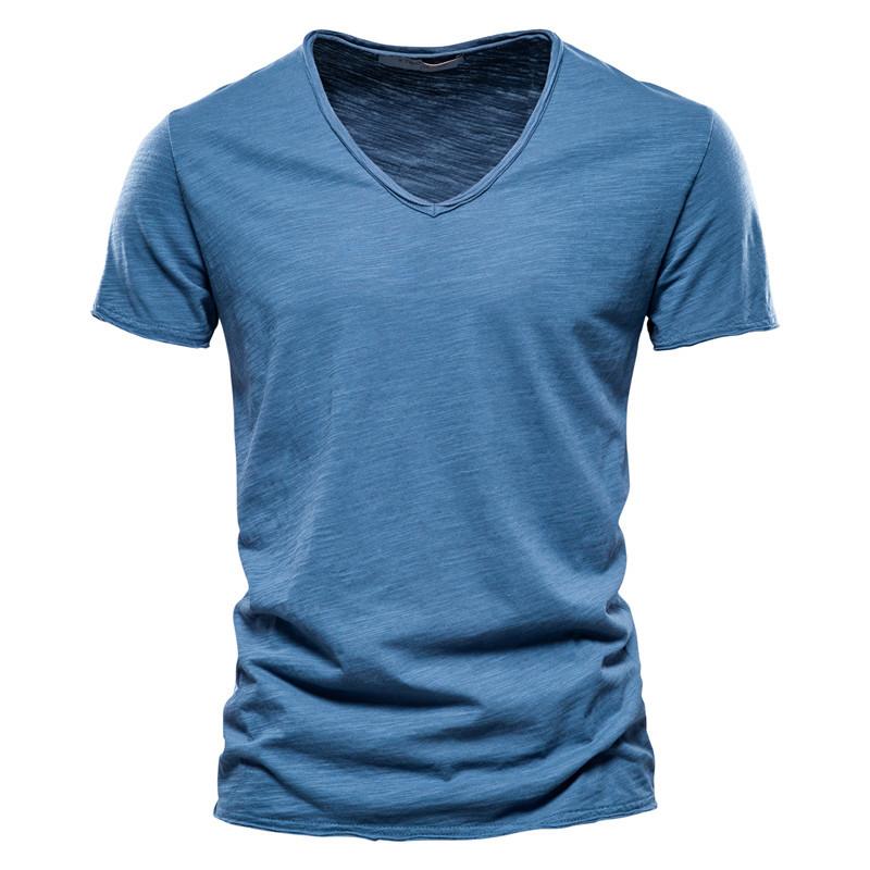Sommer Kurzarm Baumwolle T-Shirt Männer V-Ausschnitt Solide Sport T-Shirts Männer Schwarz Weiß Tops L blau von Joom DACH