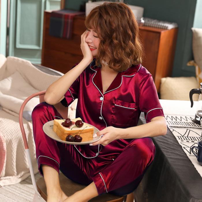 Sommer Kurzarm Frauen Pyjamas Set Hosen Revers Tops Simulation Seide Hause Tragen M-5XL M rot von Joom DACH