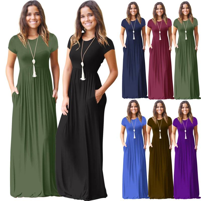 Sommer Kurzarm Maxi Kleid Frauen Solide Boho Strand Kleid Damen Abend Party Langes Kleid Sommerkleid M von Joom DACH