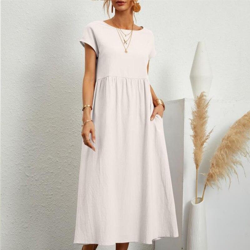 Sommer Kurzarm O Neck Kleid Frauen Casual Lose EINE Linie Frau Party Kleid mit Tasche Büro Dame Baumwolle Leinen kleider 24647 XXL von Joom DACH