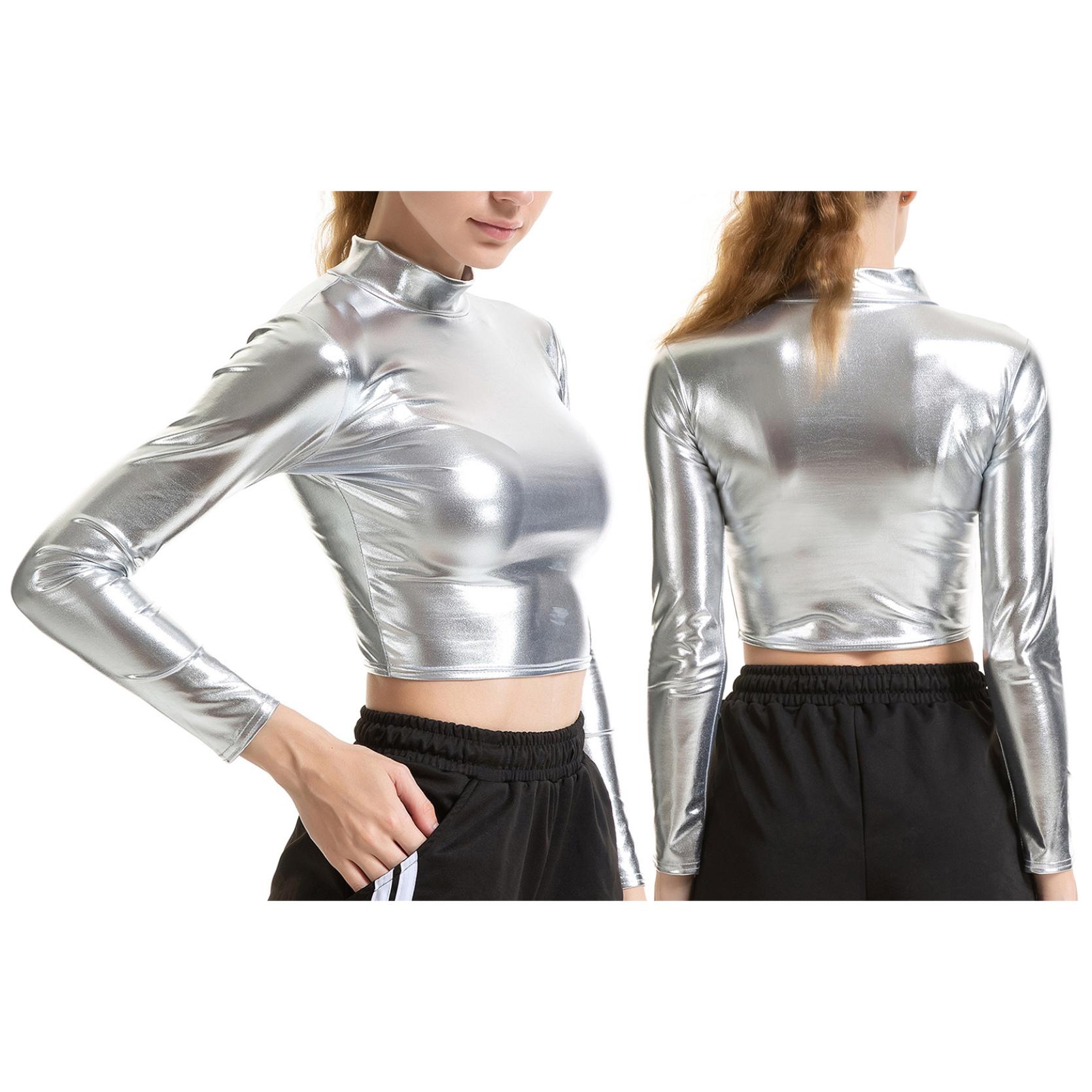 Sommer Langarm Crop Top Shiny Metallic Top Nachtclub Pole Dance Party Clubwear Crop Tank Tops M silber von Joom DACH