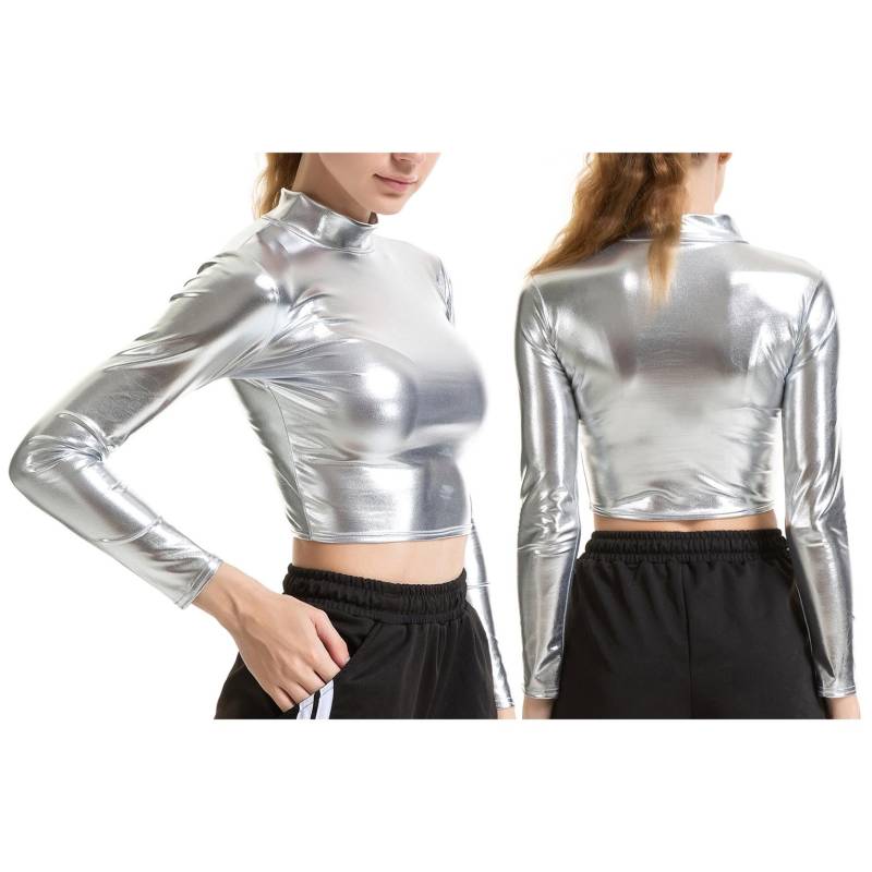 Sommer Langarm Crop Top Shiny Metallic Top Nachtclub Pole Dance Party Clubwear Crop Tank Tops M silber von Joom DACH