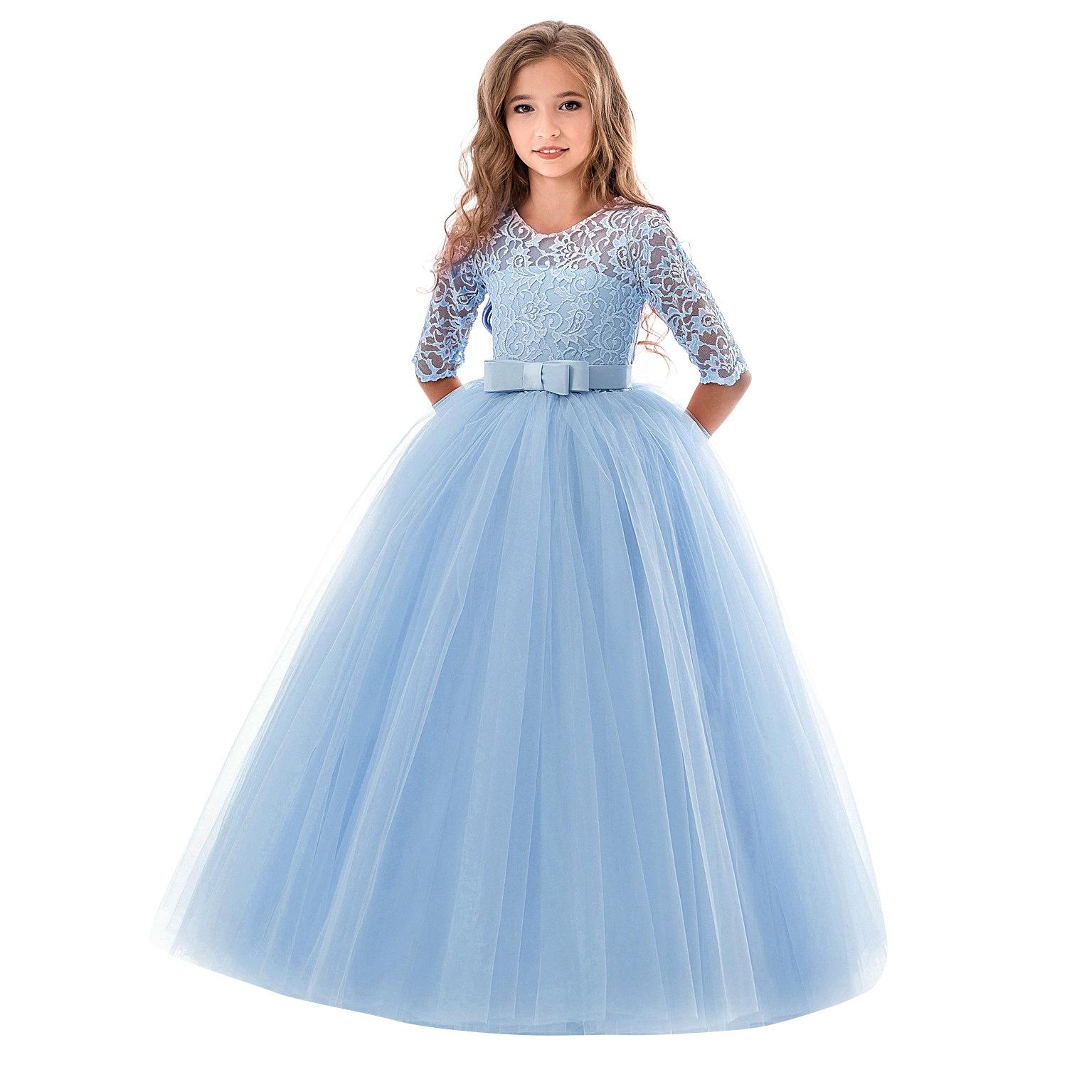 Sommer Langarm Mädchen Party Kleid Hochzeit Kleid Kinder Kleider Für Mädchen Kinder Abend Spitze Prinzessin Kleid 110 blau von Joom DACH