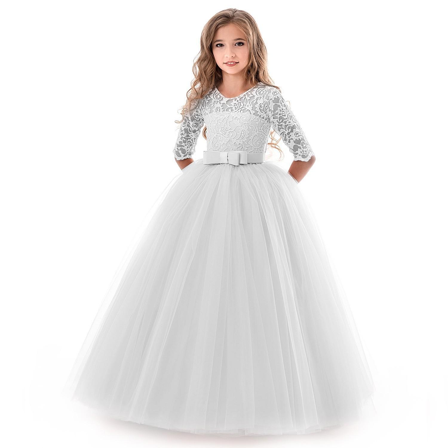 Sommer Langarm Mädchen Party Kleid Hochzeit Kleid Kinder Kleider Für Mädchen Kinder Abend Spitze Prinzessin Kleid 110 weiß von Joom DACH