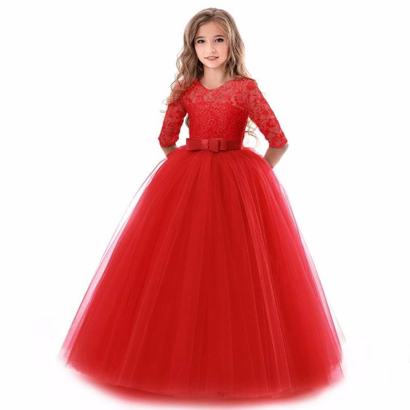 Sommer Langarm Mädchen Party Kleid Hochzeit Kleid Kinder Kleider Für Mädchen Kinder Abend Spitze Prinzessin Kleid 140cm rot von Joom DACH
