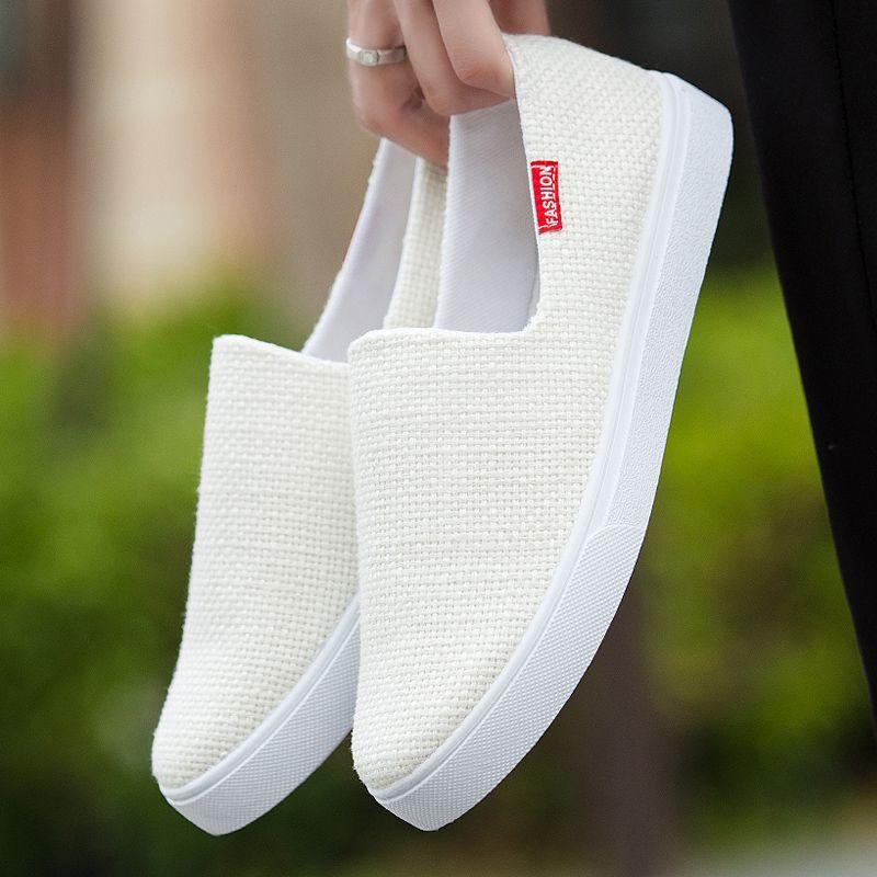 Sommer Leinenstoffschuhe Herren Koreanische Version Freizeitschuhe Slip-on Lazy Schuhe Trend Herrenschuhe Atmungsaktive Skateschuhe 41 weiß von Joom DACH