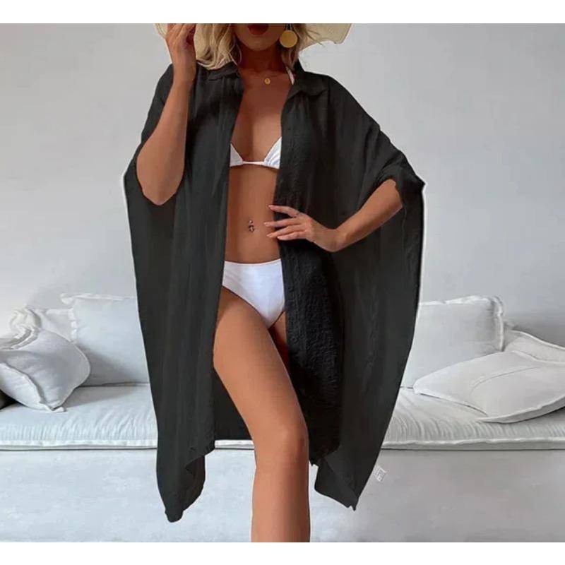 Sommer Lockerer Cardigan Sonnenschutz Sarong Frau Bikini Cover-up Badeanzug Einfarbig Strandbekleidung Cover-ups Bademode Frauen Kimono Kleid One Size schwarz von Joom DACH