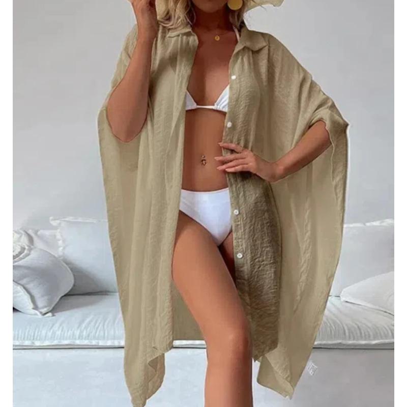 Sommer Lockerer Cardigan Sonnenschutz Sarong Frau Bikini Cover-up Badeanzug Einfarbig Strandbekleidung Cover-ups Bademode Frauen Kimono Kleid One Size khaki von Joom DACH