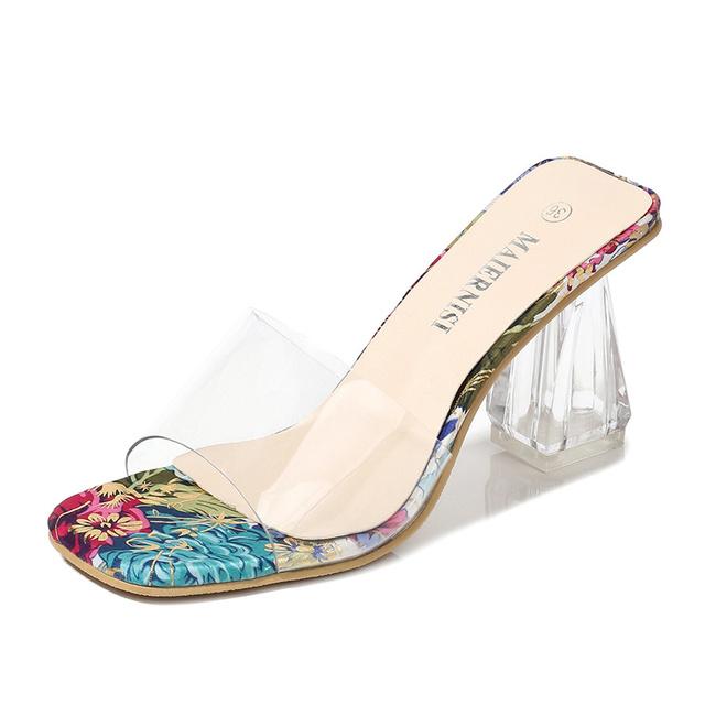 Sommer Luxus Frauen 8,5 cm High Heels Blume Print Slides Pantoletten Dame Block Klar Low Heels Hausschuhe Graffiti Plus Größe Schuhe 40 rot von Joom DACH