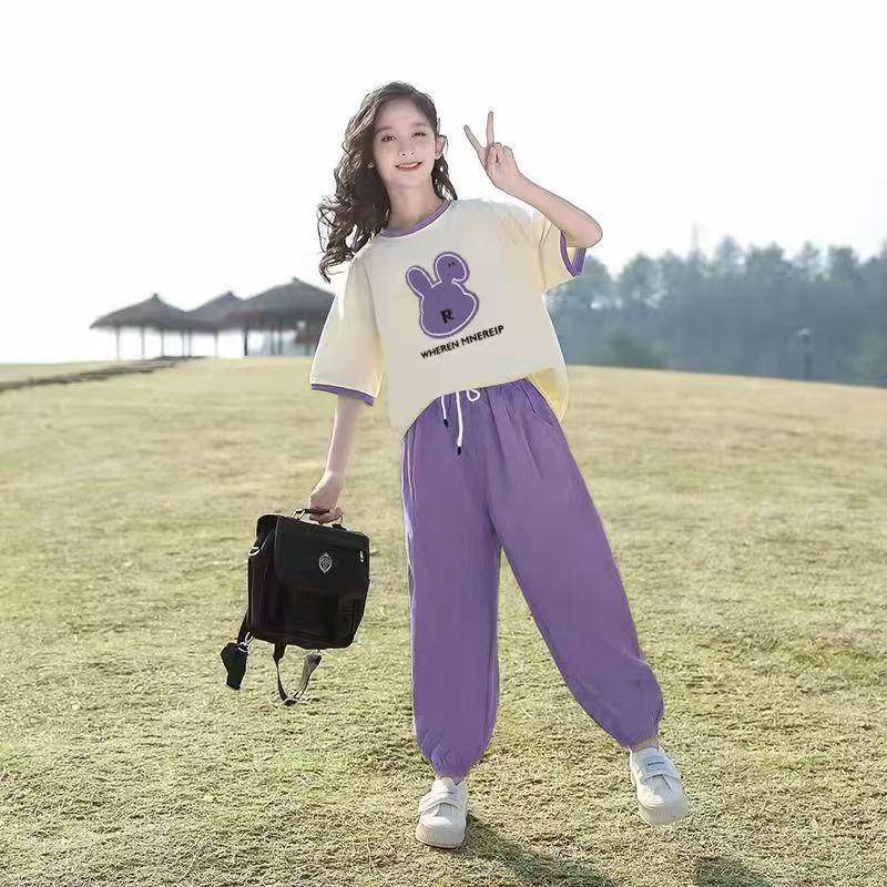 Sommer Mädchen Kleidung Anzug Kinder Cartoon T-shirt + Hosen Kinder Kurzarm Outfit 2 stücke Teenger Mädchen Kleidung Sets 150 violett von Joom DACH