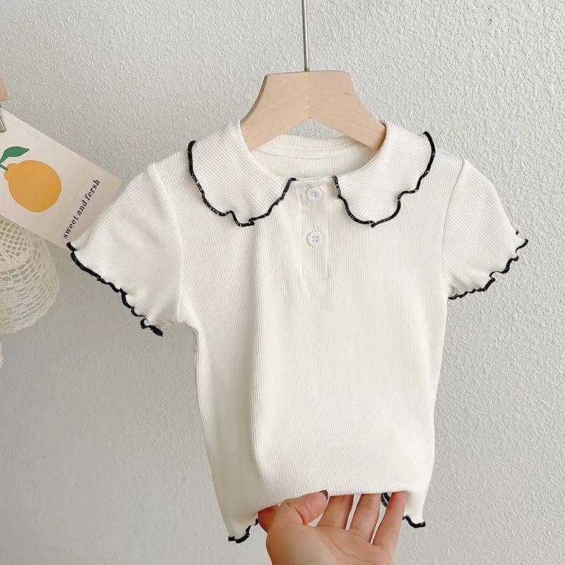 Sommer Mädchen Kurzarm T-Shirt Puppenkragen Halbarmoberteil Basisshirt 80 von Joom DACH