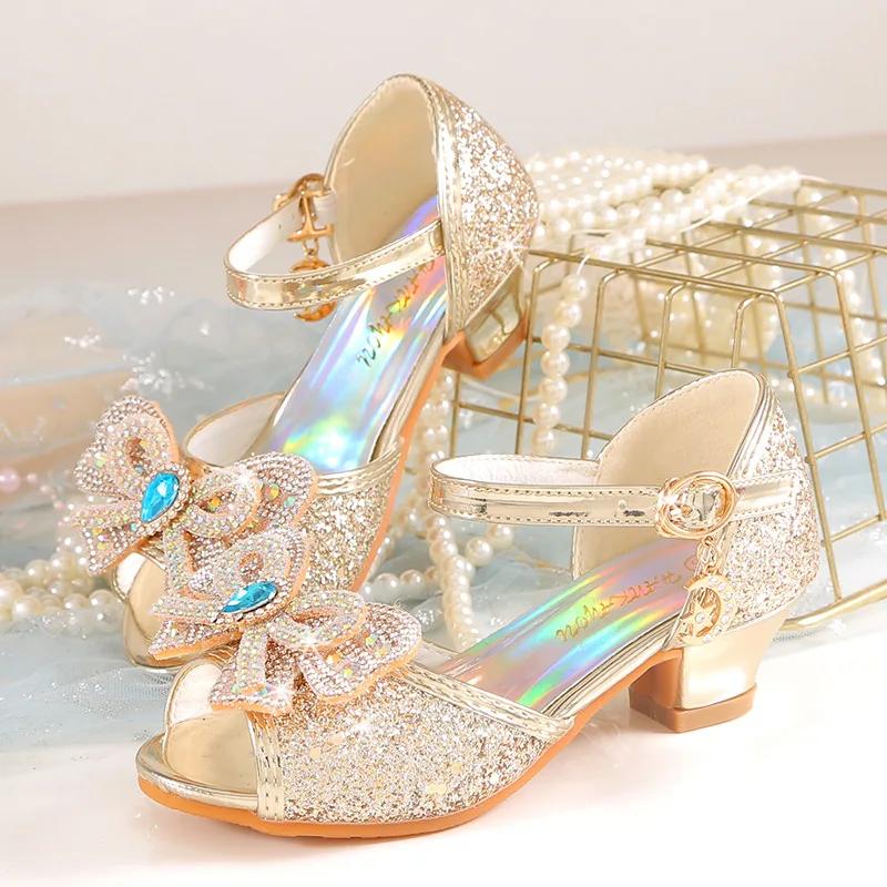 Sommer Mädchen Sandalen mit Absatz Mode Strass Glänzende Glitzer Schuhe Kinder Prinzessin Bowtie Perle Tanzschuh 28 gold von Joom DACH
