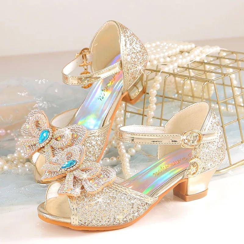 Sommer Mädchen Sandalen mit Absatz Mode Strass Glänzende Glitzer Schuhe Kinder Prinzessin Bowtie Perle Tanzschuh 28 gold von Joom DACH