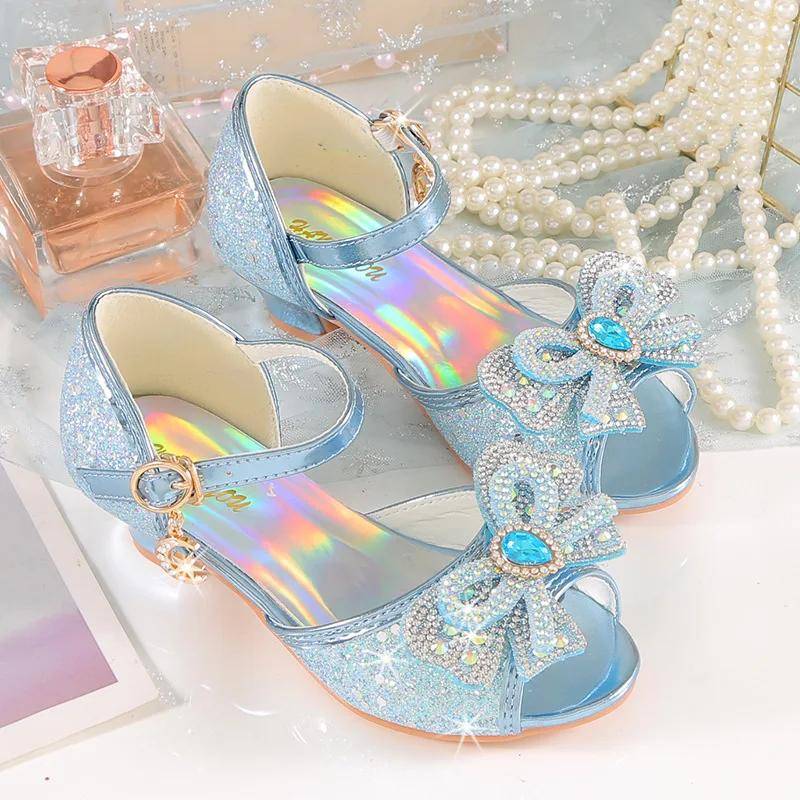 Sommer Mädchen Sandalen mit Absatz Mode Strass Glänzende Glitzer Schuhe Kinder Prinzessin Bowtie Perle Tanzschuh 29 blau von Joom DACH