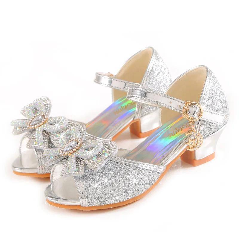 Sommer Mädchen Sandalen mit Absatz Mode Strass Glänzende Glitzer Schuhe Kinder Prinzessin Bowtie Perle Tanzschuh 30 silber von Joom DACH