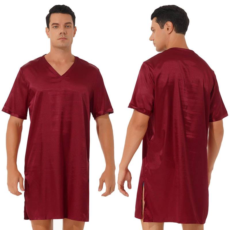 Sommer Männer Kurzarm V-ausschnitt Pyjama Robe Kleid Lässig Bequeme Nacht Kleid Nachtwäsche 4XL bordeaux von Joom DACH