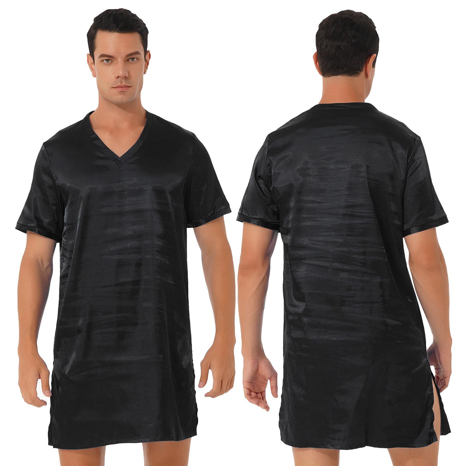 Sommer Männer Kurzarm V-ausschnitt Pyjama Robe Kleid Lässig Bequeme Nacht Kleid Nachtwäsche 4XL schwarz von Joom DACH