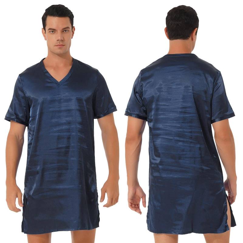 Sommer Männer Kurzarm V-ausschnitt Pyjama Robe Kleid Lässig Bequeme Nacht Kleid Nachtwäsche XL navy blau von Joom DACH