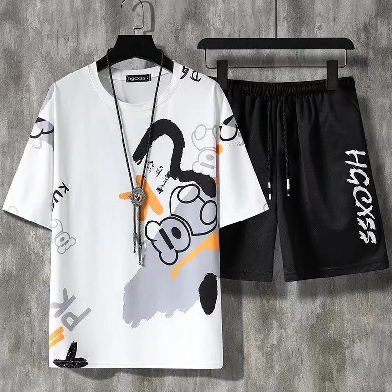 Sommer Männer Kurze Sets Harajuku T-shirt und Shorts Mode 2PC Männer Casual Outfit Set Kurzarm Streetwear Trainingsanzug 5XL M von Joom DACH