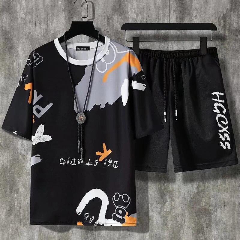 Sommer Männer Kurze Sets Harajuku T-shirt und Shorts Mode 2PC Männer Casual Outfit Set Kurzarm Streetwear Trainingsanzug 5XL XL von Joom DACH