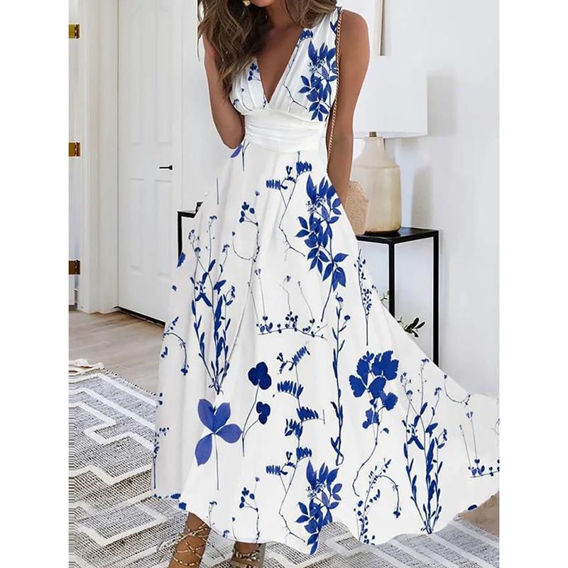Sommer Maxi Weste Kleider Übergröße Strand BOHO Kleid Blume Damen V-Ausschnitt Damen 5XL von Joom DACH