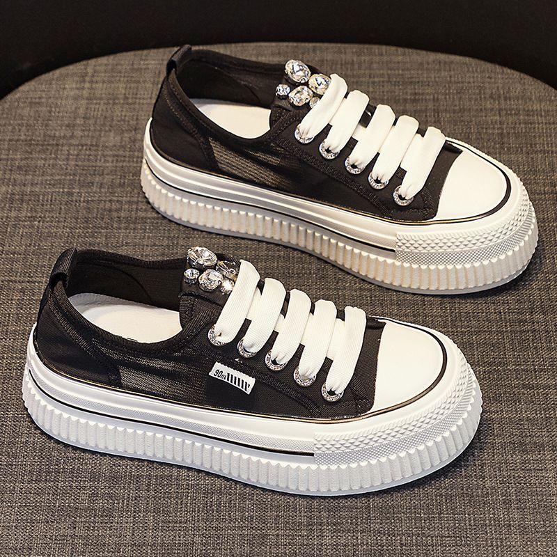 Sommer Mesh Dicke Sohlen Weiße Schuhe Sommer Neue Atmungsaktive Dünne Vielseitige Strass Sport und Freizeit Board Schuhe 40 schwarz von Joom DACH