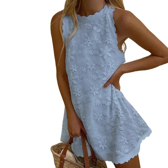 Sommer-Minikleid, Blumenstickerei, schulterfrei, Rundhalsausschnitt, ärmellos, einfarbig, Kleid mit großem Saum und Rüschen, Damen-Sommerkleid, Damen-Kleidung L blau von Joom DACH