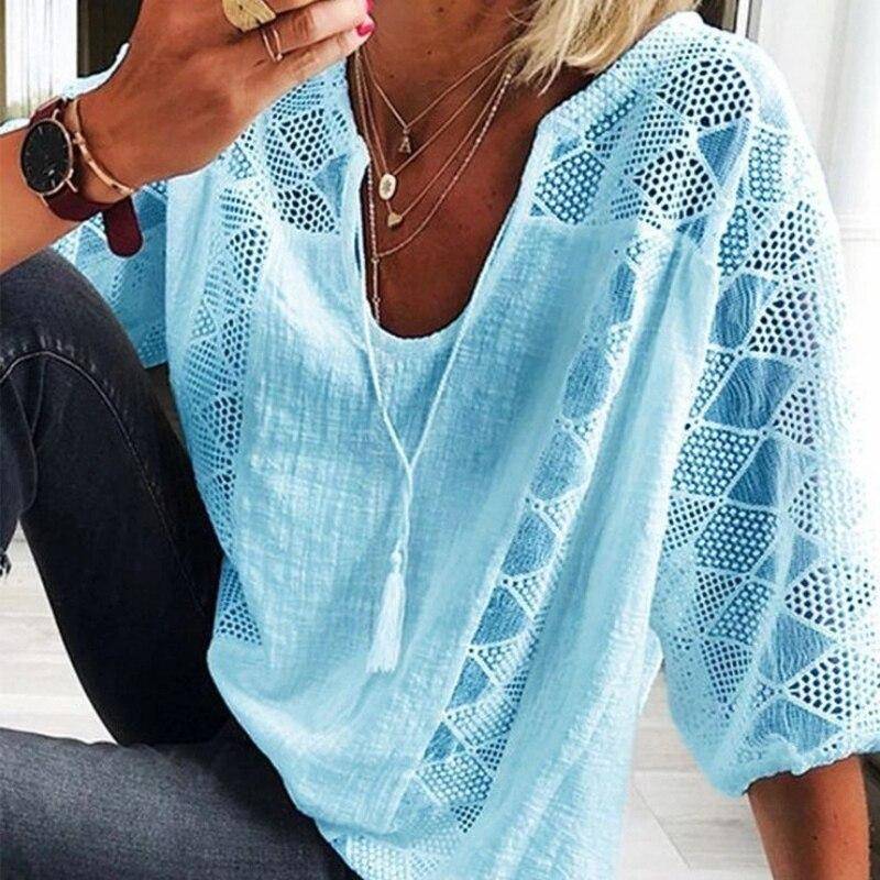 Sommer Mode Beiläufige Lose Hemd Frauen Tops V-ausschnitt Kurzarm Plus Größe Weiß Blusen Frauen Spitze Nähte Aushöhlen Vintage Damen bluse 24294 XXL weiß von Joom DACH