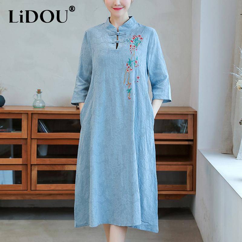 Sommer Mode Im Chinesischen Stil Stehkragen Stickerei Robe Damen Vintage Halbe Hülse Temperament Vestidos Kleid Femme L rot von Joom DACH