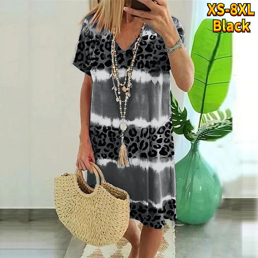 Sommer Mode V-ausschnitt Kleid Damen Kurzarm Blau Leopard Print Gedruckt Kleid Lose Casual Kleid für Frauen 3XL schwarz von Joom DACH