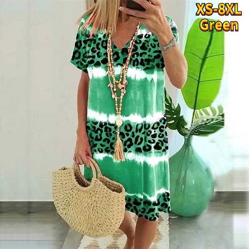 Sommer Mode V-ausschnitt Kleid Damen Kurzarm Blau Leopard Print Gedruckt Kleid Lose Casual Kleid für Frauen 5XL grün von Joom DACH