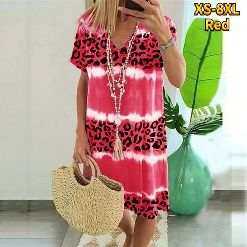 Sommer Mode V-ausschnitt Kleid Damen Kurzarm Blau Leopard Print Gedruckt Kleid Lose Casual Kleid für Frauen 5XL rot von Joom DACH