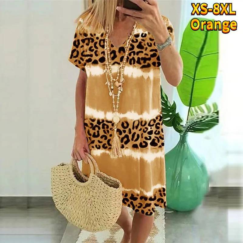 Sommer Mode V-ausschnitt Kleid Damen Kurzarm Blau Leopard Print Gedruckt Kleid Lose Casual Kleid für Frauen 8XL orange von Joom DACH