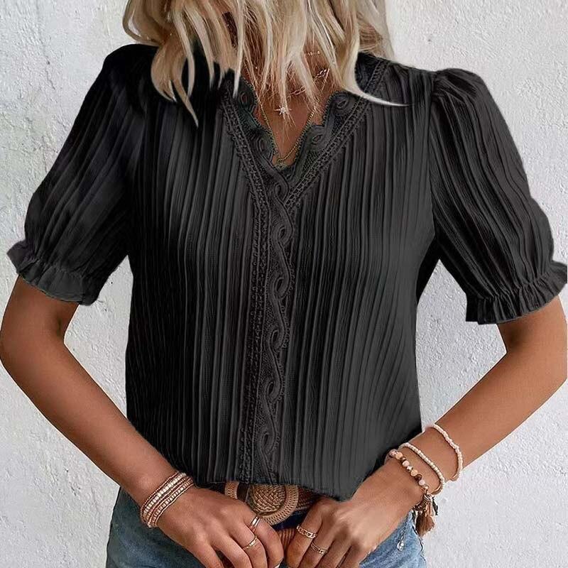 Sommer Mode Vertikale Streifen Spitze V-ausschnitt Hemd Lässige Puff Kurzarm Bluse Frauen Weibliche Elegante Top Nette Blusas 27878 M schwarz Sommer Mode Vertikale Streifen Spitze V-ausschnitt Hemd Lässige Puff Kurzarm Bluse Frauen Weibliche Elegante Top Nette Blusas 27878 M schwarz von Joom DACH