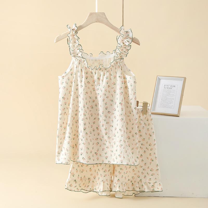 Sommer Neu Damen Pyjama Set 100% Baumwollkrepp Süß und Niedlich Träger + Shorts Zweiteiliges Blumenmuster Set XL von Joom DACH