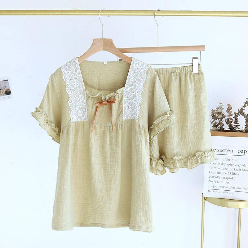 Sommer Neu Damen Pyjama Set 100% Baumwollkrepp Süße Spitze Spitze Kurze Ärmel Shorts Zweiteiliges Home Set Damen XL von Joom DACH