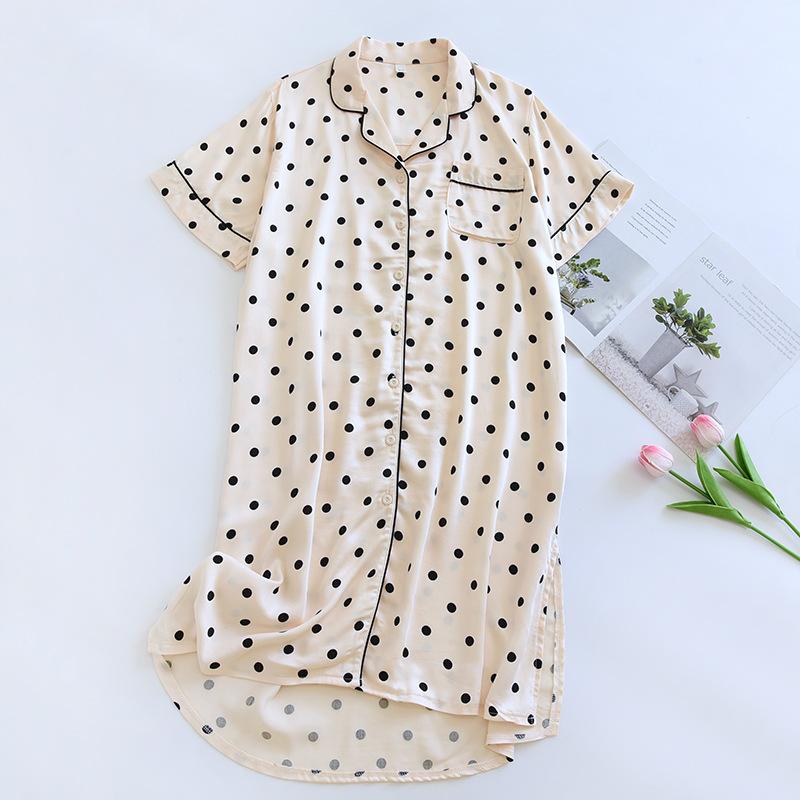 Sommer Neu Damen Viskosefaser Revers Nachthemd Polka Dot Kurzarm Rock Satin Bequem Zuhause 2XL von Joom DACH