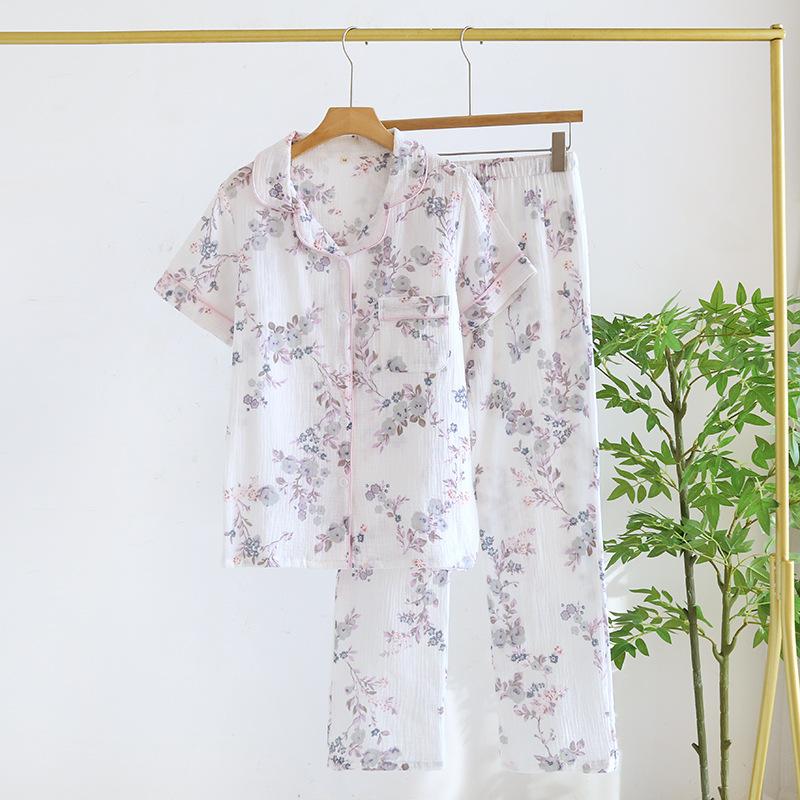 Sommer Neue Damen Pyjama Set 100% Baumwolle Crepe Kurzarm Hosen Zwei-stück Set Liebe Dünne Einfache Große Größe XL von Joom DACH